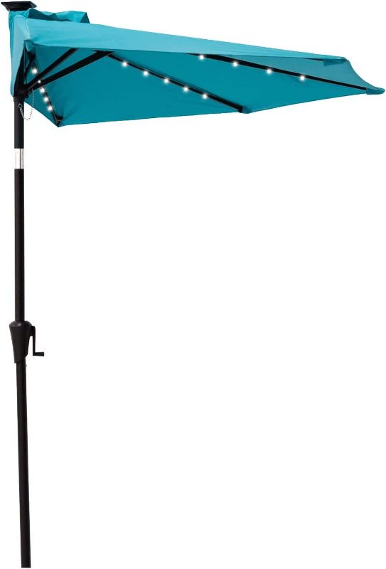 Photo 1 of (DOES NOT FUNCTION)C-Hopetree 9 ft Half Round Outdoor Patio Market Wall Umbrella with Solar LED Lights and Tilt, Aqua Blue
