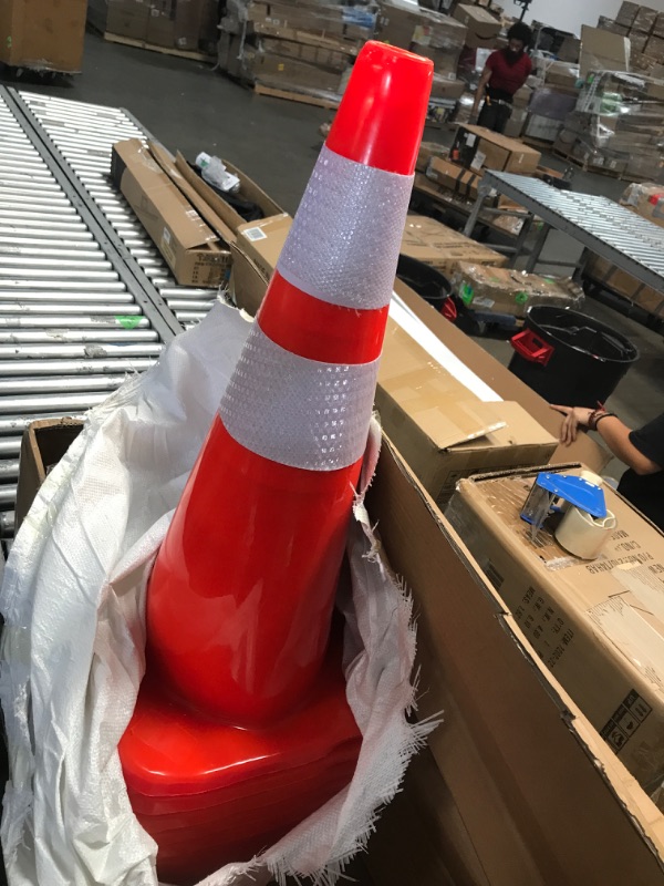 Photo 2 of 10 Pack 28" Traffic Cones Plastic Road Cone PVC Safety Road Parking Cones Weighted Hazard Cones Construction Cones for Traffic Fluorescent Orange w/4" w/6" Reflective Strips Collar
