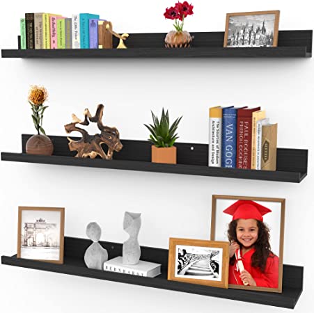 Photo 1 of 36 Inch Floating Shelves for Wall, Set of 3 in Ebony Black, Modern Rustic Style, Wall Mounted Display Shelves, Picture Ledges by Icona Bay
