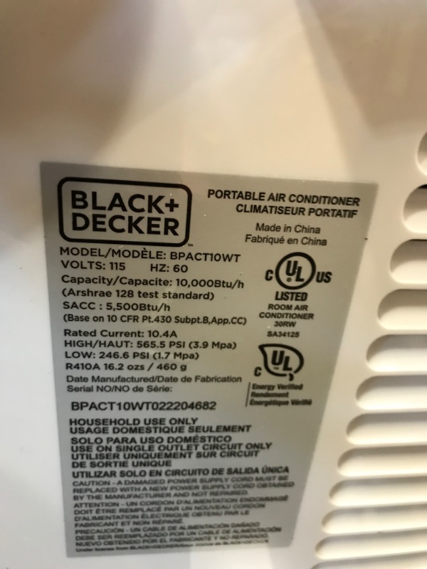 Photo 3 of ***PARTS ONLY*** BLACK+DECKER 10,000 BTU Portable Air Conditioner with Remote Control, White
