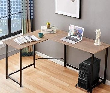 Photo 1 of VECELO Computer Desk L Shaped with CPU Stand/PC Laptop Study Writing Table Workstation for Home Office Wood & Metal,Oak,66"
