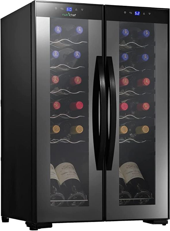 Photo 1 of NutriChef PKCWC240 Dual Zone Cooler for White and Red Wines Chiller, Freestanding Compact Countertop Mini Fridge 24 Bottle w/Digital Control, Black
