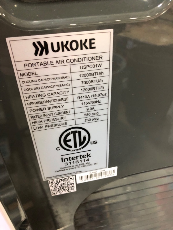 Photo 4 of Ukoke 12,000 BTU (7,000 BTU, DOE) Wi-Fi Portable Air Conditioner with Heat, Dehumidifier in White, Works with Alexa DOES NOT TURN ON, SOLD FOR PARTS 
