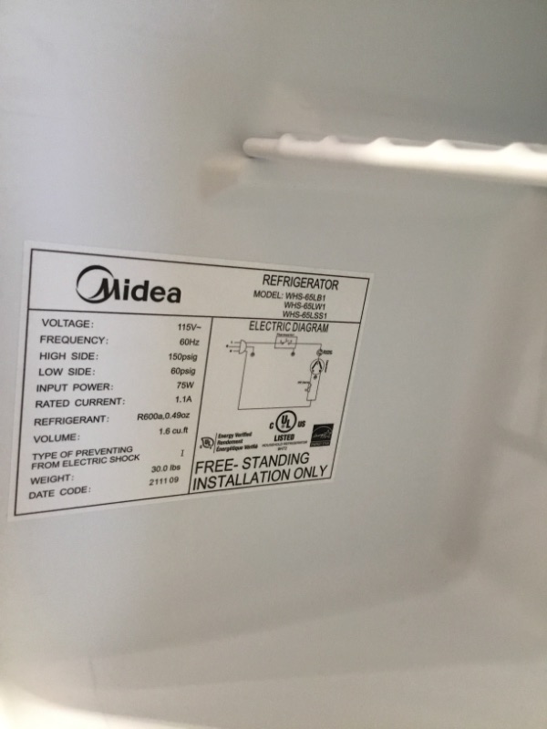 Photo 6 of (DOES NOT FUNCTION) Midea WHS-65LB1 Compact Single Reversible Door Refrigerator, 1.6 Cubic Feet(0.045 Cubic Meter), Black