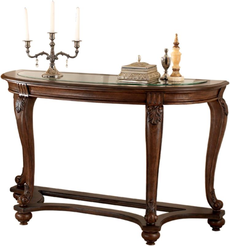 Photo 1 of **ALL PARTS INCLUDED**
Signature Design by Ashley Norcastle Traditional Half Moon Sofa Table with Beveled Glass Top and Scrollwork Legs, Dark Brown
