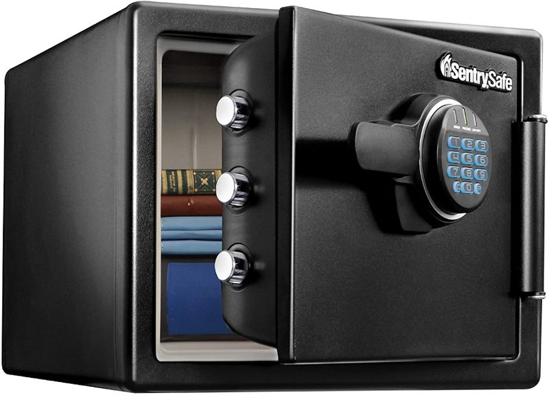 Photo 1 of **MISSING KEYS, BUT SAFE OPENS WITH BATTERIES AND CODE**
SentrySafe SFW082F Fireproof Waterproof Safe with Digital Keypad, 0.82 Cubic Feet, Black
