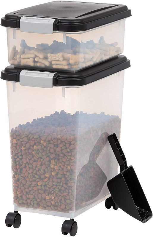 Photo 1 of **HAS CRACK ON BOTTOM**

IRIS USA 3-Piece Airtight Pet Food Storage Container Combo with Scoop and Treat Box for Pet, Dog, Cat, and Bird Food, Black
