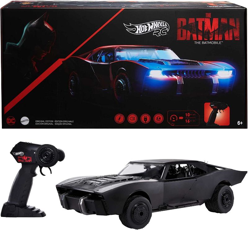 Photo 1 of Hot Wheels R/C The Batman Batmobile, Remote-Controlled 1:10 Scale Toy Vehicle from The Movie, USB Rechargeable Controller, Gift for Fans of Cars & Comics & Kids 5 Years Old & Up
