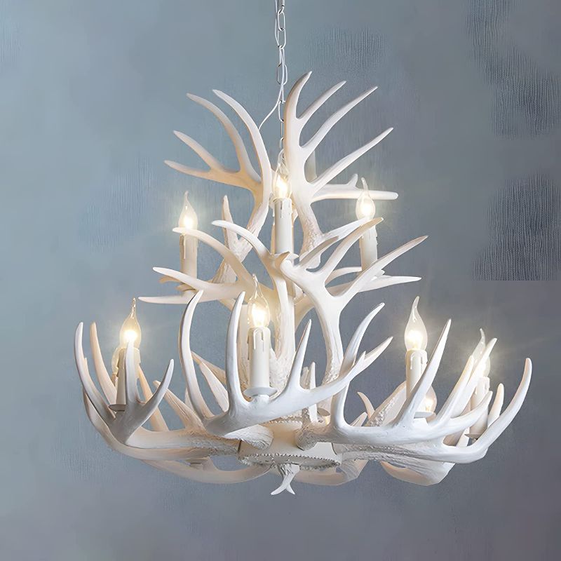 Photo 1 of **DAMAGED** White Antler Chandelier, BIGMAII Farmhouse Rustic Deer Horn Chandelier Lighting Classic Candle Style, Cabin Vintage Large Pendant Lamp 9 Lights 18 Arms, Faux Antler Hanging Ceiling Light
