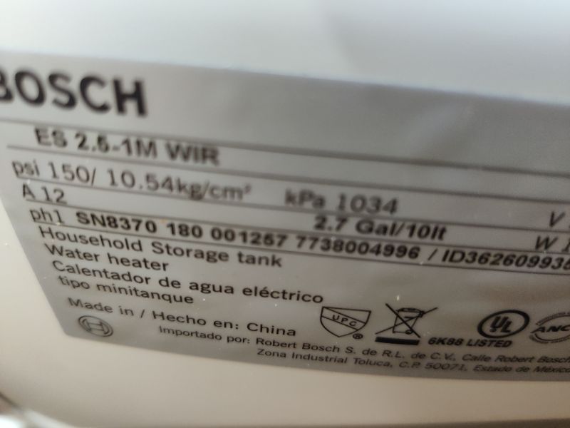 Photo 4 of Bosch Electric Mini-Tank Water Heater Tronic 3000 T 2.5-Gallon (ES2.5) - Eliminate Time for Hot Water - Shelf, Wall or Floor Mounted
