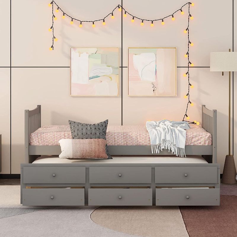 Photo 1 of **SIMILAR TO STOCK PHOTO** INCOMPLETE, BOX 2 OF 2 ONLY** MISSING BOX 1 OF 2
Daybed Twin Captain's Bed Storage Daybed with Trundle and Drawers for Kids Teens and Adults (Grey)
