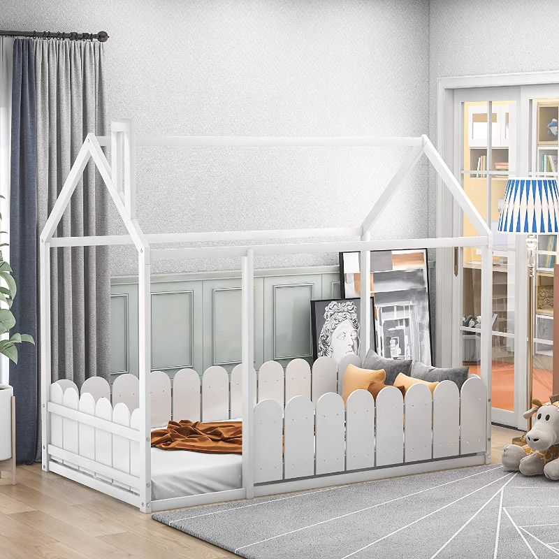 Photo 1 of **MISSING HARDWARE**
Twin Bed,Premium Wood Bed House Bed Frame with Fence,Cabin Bed,Floor Bed,House Bed Twin Size Kids Bed Frame with Roof and Fence,for Kids/Teens (White)
