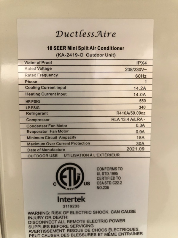 Photo 27 of DuctlessAire 19 SEER 24,000 BTU 2 Ton Ductless Mini Split Air Conditioner with Heat Pump Variable Speed Inverter - 220V