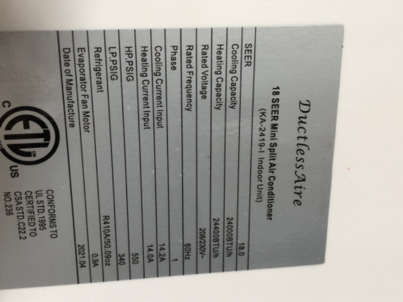 Photo 16 of DuctlessAire 19 SEER 24,000 BTU 2 Ton Ductless Mini Split Air Conditioner with Heat Pump Variable Speed Inverter - 220V