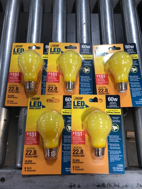 Photo 2 of 5PK-Feit Electric 60-Watt Equivalent A19 5-Watt Medium E26 Base Non-Dimmable Yellow Colored Bug LED Light Bulb