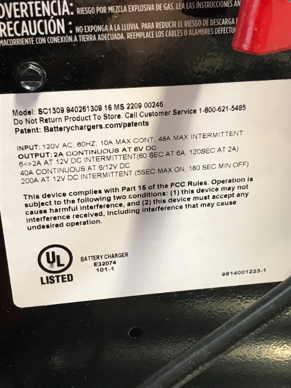 Photo 1 of Schumacher SC1309 Battery Charger with Engine Starter, Boost, and Maintainer - 200 Amp/40 Amp, 6V/12V - for Cars, Trucks, SUVs, Marine, RV Batteries
