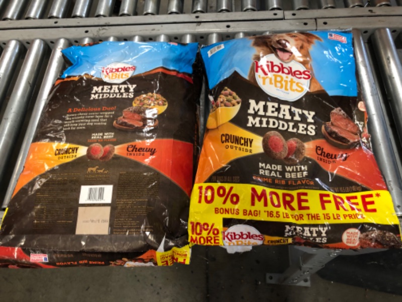Photo 1 of BB Date: 11Mar22 & 15Jul22; Kibbles 'n Bits Meaty Middles Prime Rib Flavor, Dry Dog Food, 16.5 lb Bag, pack of 2