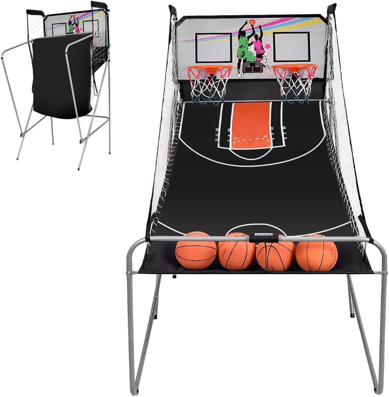 Photo 1 of Giantex Foldable Basketball Arcade Game, 8 Game Options, Electronic Double Shot 2 Player w/ 4 Balls and LED Scoring System, Indoor Basketball Game for Kids, Adults
