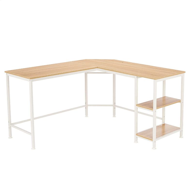 Photo 1 of Amazon Basics L-Shape Computer Desk with Shelves for Storage, 54.3 Inch, Natural with White Frame
