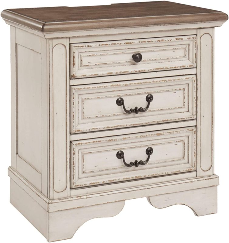 Photo 1 of **MINOR DAMAGE**TESTED** Signature Design by Ashley Realyn French Country 3 Drawer Nightstand with Electrical Outlets & USB Ports, Chipped White
