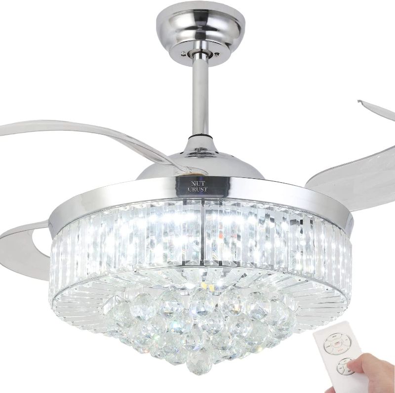 Photo 1 of NUTCRUST Retractable Crystal Ceiling Fan, 3 Light Change LED Silent Fan Chandelier with Remote Control, Modern Invisible Ceiling Fan with Light 36W 42 Inch