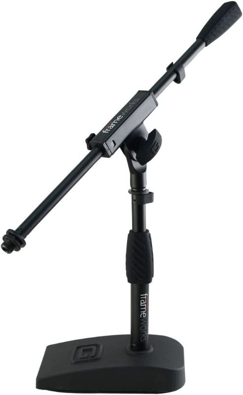 Photo 1 of Gator Frameworks Short Weighted Base Microphone Stand with Soft Grip Twist Clutch, Boom arm, and both 3/8" and 5/8" Mounts; Base Dimensions - 4.5" X 8" 