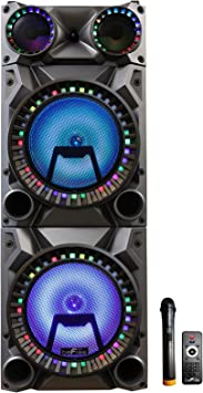 Photo 1 of beFree Sound Rechargeable Bluetooth 12inch Double Subwoofer Portable with Dual Layer Reactive Party Lights, USB, SD and AUX Inputs with FM Radio,Gray
