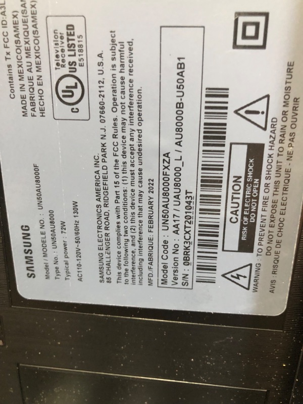 Photo 5 of PARTS ONLY POWERS ON BUT DID NOT STAY ON
SAMSUNG 50-Inch Class Crystal 4K UHD AU8000 Series HDR, 3 HDMI Ports, Motion Xcelerator, Tap View, PC on TV, Q Symphony, Smart TV with Alexa Built-In (UN50AU8000FXZA, 2021 Model)
 