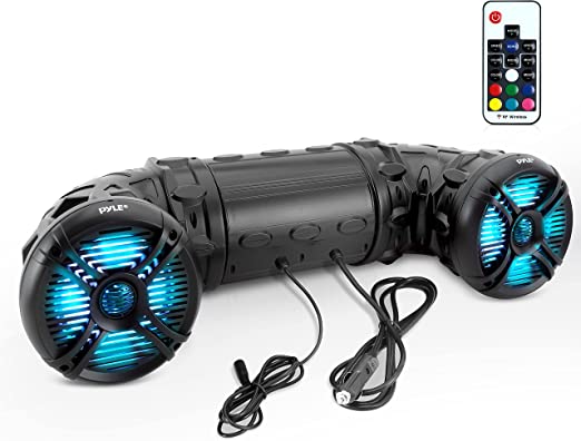 Photo 1 of UNABLE TO TEST BECAUSE OF THE POWER CORD 
Pyle Marine ATV Powered Speakers - 4.0 Wireless Bluetooth, 800 Watt, Color Changing LED Lights, IP44 Waterproof, 6.5“ Dual Audio Sound System for UTV, Golf Carts, Jetski and Snowmobile - PLATV65BT
