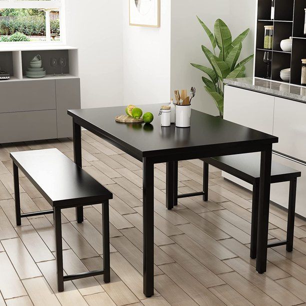 Photo 1 of  3 Pcs Dining Table Set with 2 Benches, Modern Kitchen Table and Chairs Set for 4-6 Person,Black
