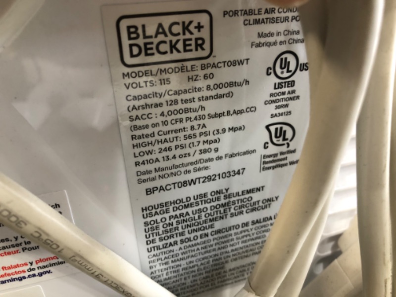 Photo 1 of BLACK+DECKER 8,000 BTU Portable Air Conditioner with Remote Control, White
