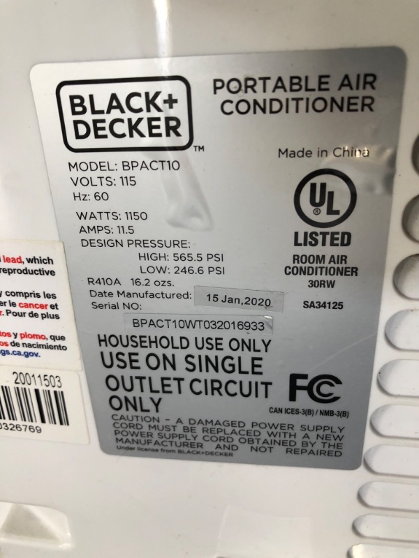 Photo 5 of BLACK+DECKER BPACT10WT AC with Remote Control Portable Air Conditioner, 10,000 BTU, White
