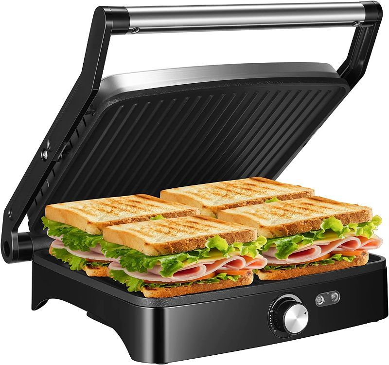 Photo 1 of ***NON-FUNCTIONAL/PARTS ONLY***
 - OSTBA Panini Press Grill Indoor Grill Sandwich Maker with Temperature Setting, 4 Slice Large Non-stick Versatile Grill, Opens 180 Degrees to Fit Any Type or Size of Food, Removable Drip Tray, 1200W
