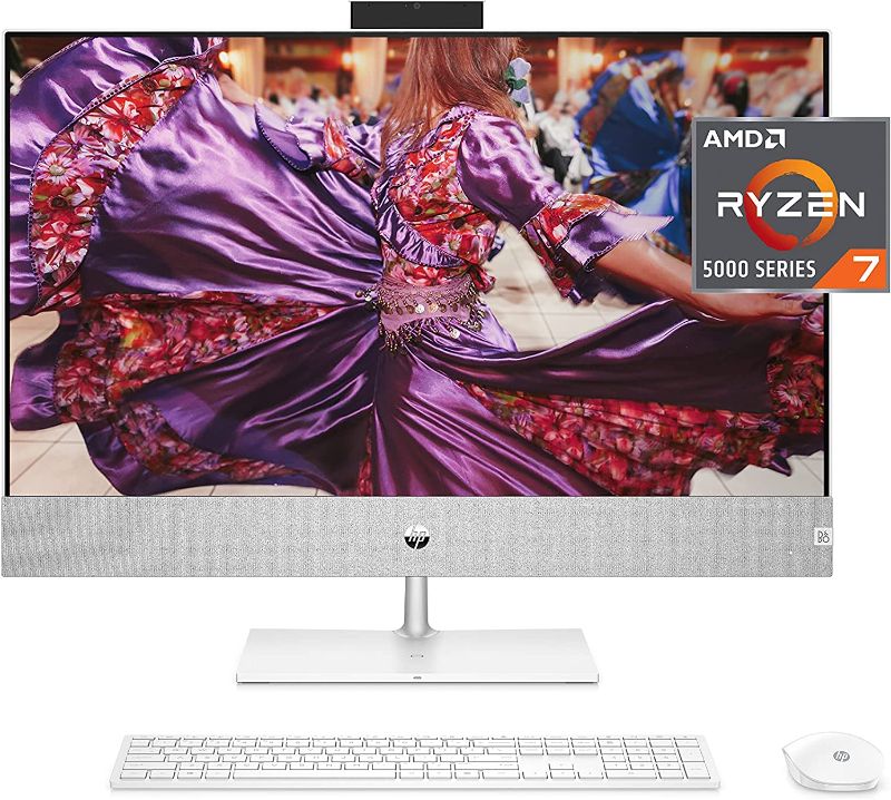 Photo 1 of HP Pavilion 27” All-in-One Desktop, AMD Ryzen 7 5700U, 16 GB RAM, 256 GB SSD & 1 TB Hard Drive, Full HD Touchscreen, Windows 11 Home, 5 USB Ports, 5MP Pop-up Camera, Keyboard & Mouse (27-ca0070, 2021)
