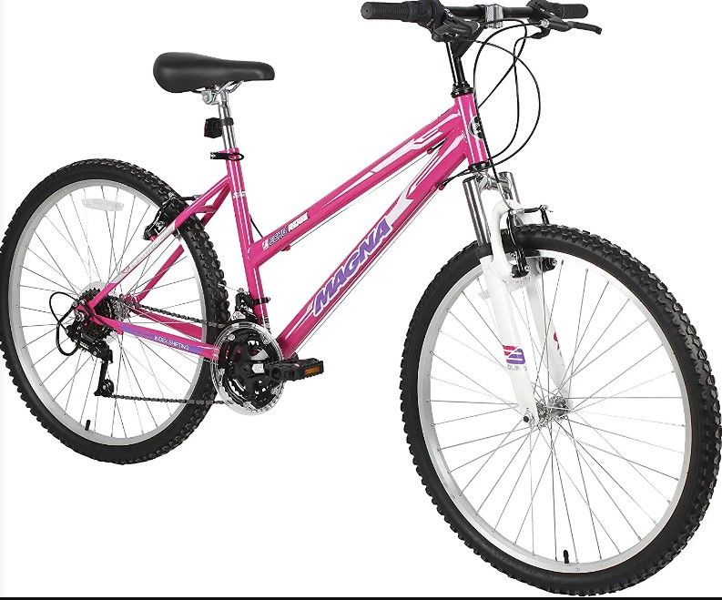 Photo 1 of Dynacraft Magna Front Shock Mountain Bike Boys, Girls, Mens and Womens 24 and 26 Inch Wheels with 18 Speed Grip Shifter and Dual Handbrakes in Red, Purple, Pink and Black
