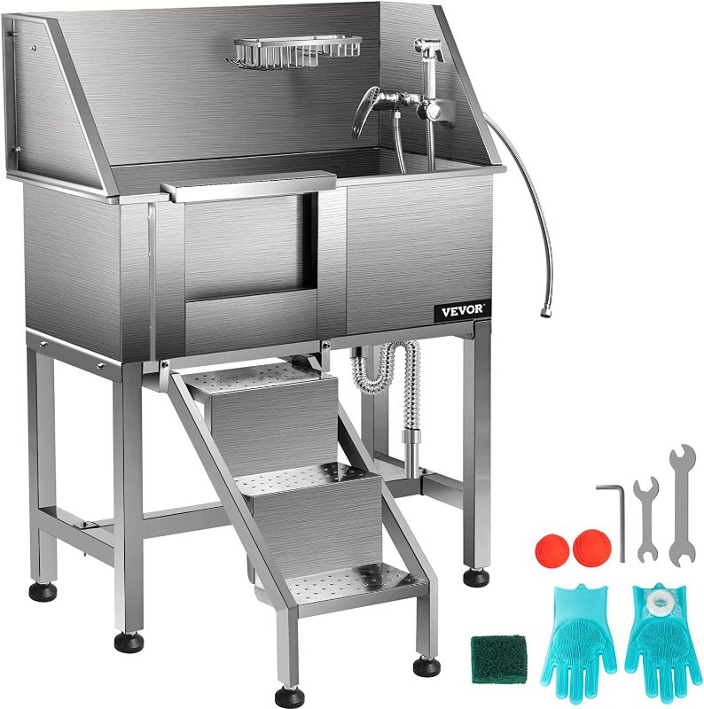 Photo 1 of **Missing Some Hardware**VEVOR Dog Grooming Tub, 38" Left Pet Wash Station, Professional Stainless Steel Pet Grooming Tub Rated 180LBS Load Capacity, Non-skid Dog Washing Station Comes with Ramp, Faucet, Sprayer and Drain Kit
