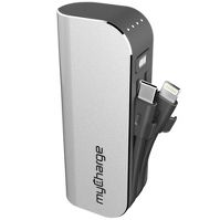 Photo 1 of 2 item bundle 
myCharge Hub Mini 3350mAh/2.4A Output Power Bank with Integrated Charging Cables - Silver
heyday 3' Lightning to USB-C Round Cable - Electric Magenta
