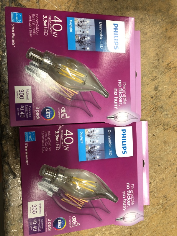 Photo 2 of 2 pack - Philips
40-Watt Equivalent B11 Dimmable Edison LED Candle Light Bulb Glass Bent Tip Candelabra Base Daylight (5000K) (3-Pack)