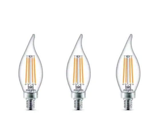 Photo 1 of 2 pack - Philips
40-Watt Equivalent B11 Dimmable Edison LED Candle Light Bulb Glass Bent Tip Candelabra Base Daylight (5000K) (3-Pack)