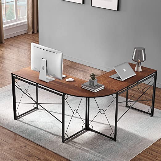 Photo 1 of VECELO L Shaped Computer Corner Desk, 59’’x59’’ Large Industrial Home Office Workstation, Multi-Usage Long 2 Person Table, Easy Assembly/Saving Space, Steel Frame&Wooden Grain, Brown
