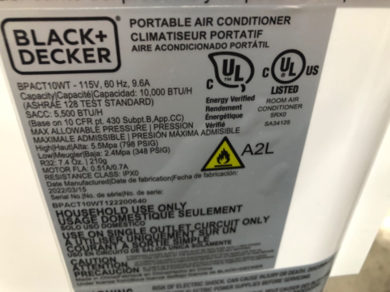 Photo 7 of **PARTS ONLY**
BLACK+DECKER BPACT10WT AC with Remote Control Portable Air Conditioner, 10,000 BTU, White
