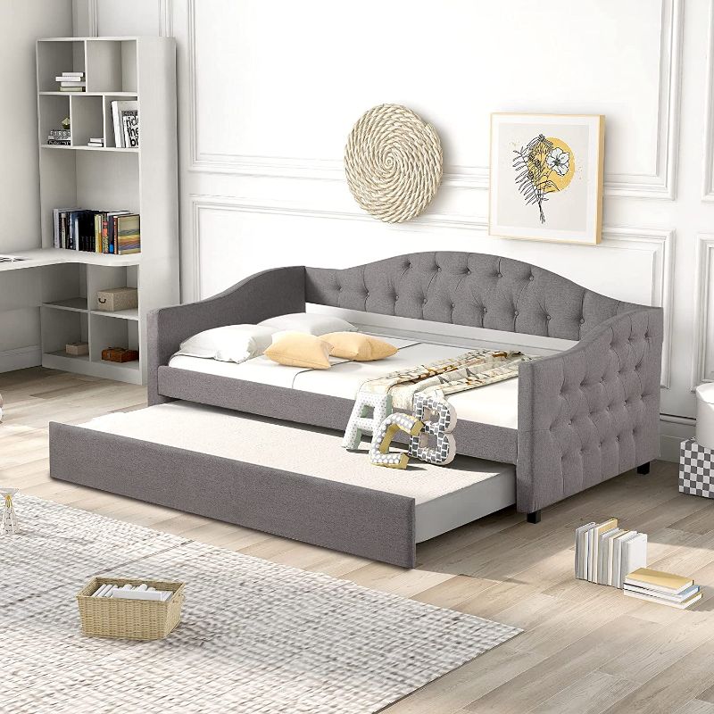Photo 1 of ***MISSING HARDWARE***Upholstered Daybed with Trundle,Modern Sofa Bed with Tufted Linen and Wheels for Boys Girls Bedroom, No Box Spring Needed (Light Grey, Twin)
 box 2 of 2 