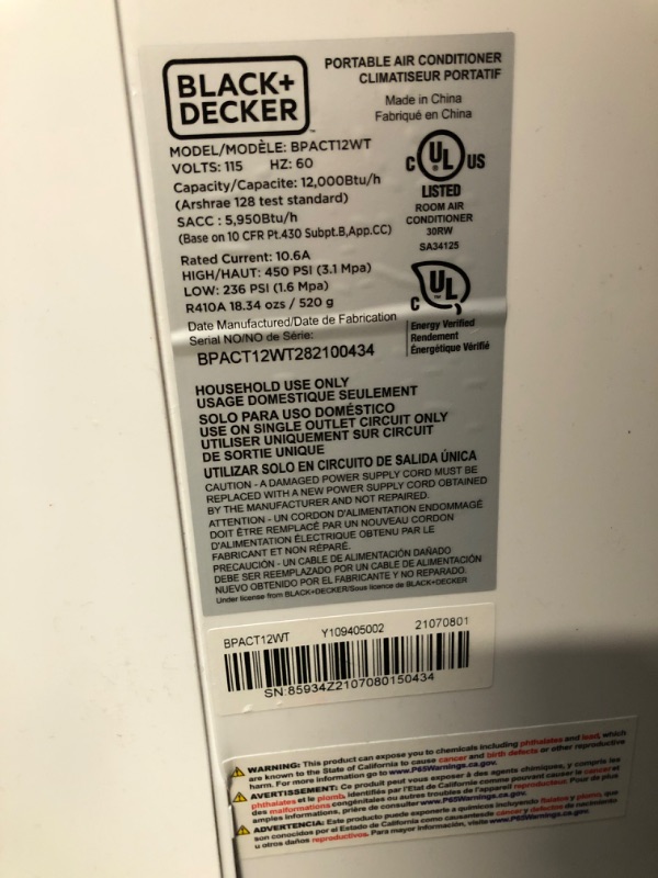 Photo 4 of BLACK+DECKER 8,000 BTU Portable Air Conditioner with Remote Control, White
