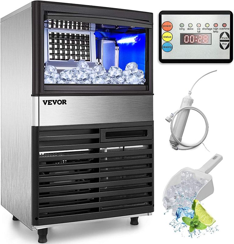 Photo 1 of VEVOR Commercial Ice Maker, 132 lbs/24h, Stainless Steel Under Counter Ice Machine with 39 lbs Storage Bin & LED Panel, Water Filter/Scoop Included, Making Clear Cube for Bar Office Coffee Shop
