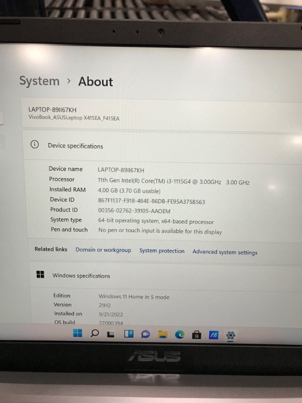 Photo 6 of BRAND NEW!
ASUS VivoBook 14 Laptop Computer, 14” IPS FHD Display, Intel Core i3-1115G4 Processor, 4GB DDR4, 128GB PCIe SSD, Fingerprint Reader, Windows 11 Home in S Mode, Slate Grey, F415EA-AS31
