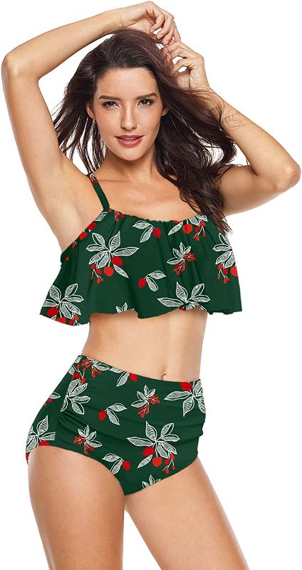 Photo 1 of Angerella Womens High Waisted Bikini Flounce Top Bathing Suits Swimwear floral green  size medium 