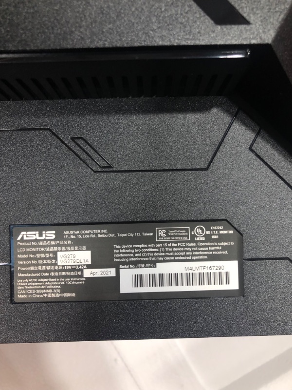 Photo 5 of ASUS TUF Gaming VG279QL1A 27” HDR Gaming Monitor, 1080P Full HD, 165Hz (Supports 144Hz), IPS, 1ms, FreeSync Premium, DisplayHDR 400, Extreme Low Motion Blur, Eye Care, HDMI DisplayPort
