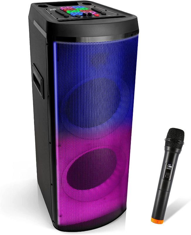 Photo 1 of Bluetooth Portable PA Party Speaker - 600W Dual 12” Rechargeable Outdoor BT Karaoke Audio System, TWS, X-Bass Function, Flashing Party Flame Lights, MP3/USB/AUX/FM Radio, Carry Handle
