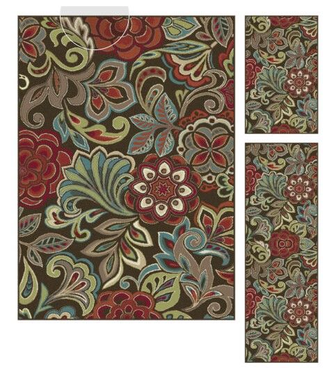 Photo 1 of 3 Piece Set Deco Brown Transitional Flowers Paisley DCO1024 Runner Mat Area Rug
