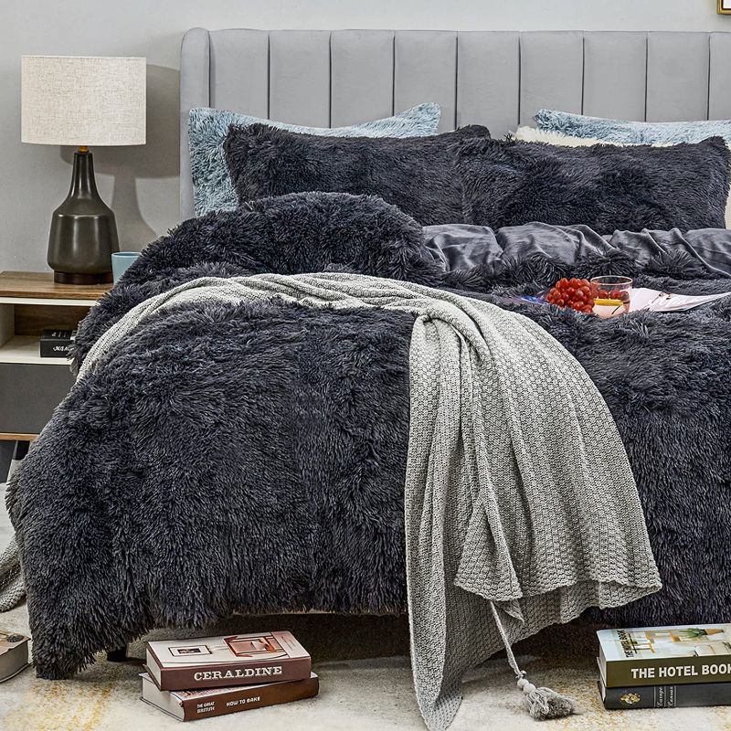 Photo 1 of HOdo Faux Fur Comforter,Plush Luxury Ultra Soft Crystal Velvet Bedding Sets 3 Pieces (1 Duvet Cover + 2 Pillowcases,Dark Grey,Queen 90x90),Zipper Closure
